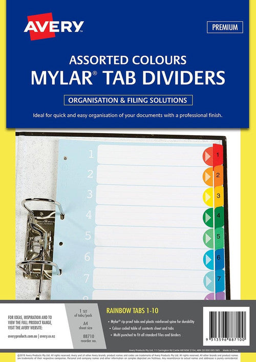 Avery Divider Mylar 1-10 Index Tabs A4 Rainbow