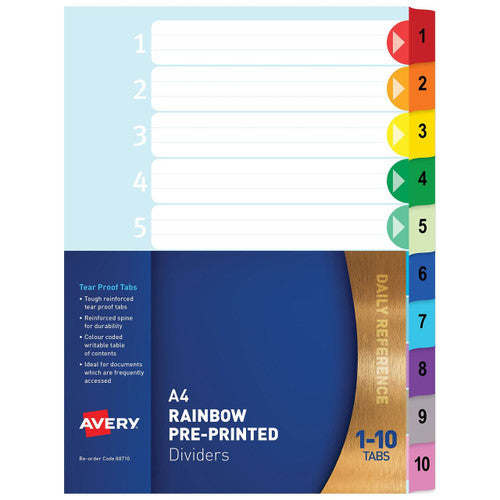 Avery Divider Mylar 1-10 Index Tabs A4 Rainbow