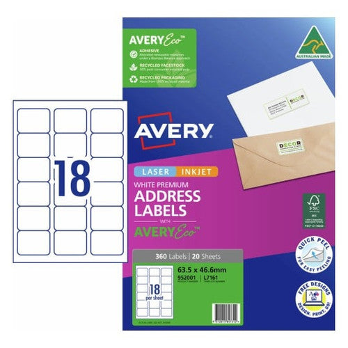 AveryEco Quick Peel Address Labels with Sure Feed L7161 360 Pack 63.5 x 46.6mm Laser White 18UP