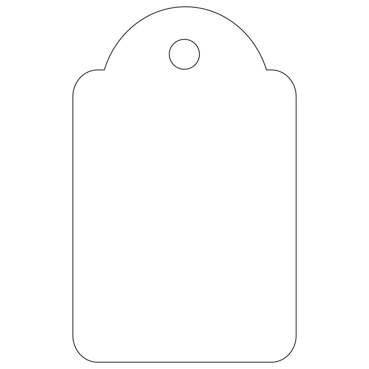 Apli outline drawing of the 22 x 35mm strung ticket on white, an upright ticket with a domed top, rounded shoulders and a round hole near the top