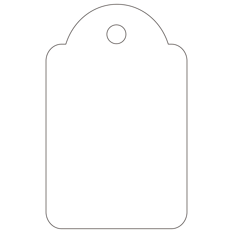 Apli outline drawing of the 22 x 35mm strung ticket on white, an upright ticket with a domed top, rounded shoulders and a round hole near the top