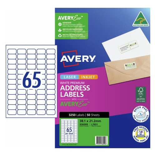 AveryEco White Address and Shipping Inkjet Labels J8651 50 Pack 38.1 x 21.2mm 65UP