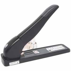 Marbig extra heavy duty stapler in black with a long contoured handle, a staple chart label on the base and a jam clearing label on the front edge