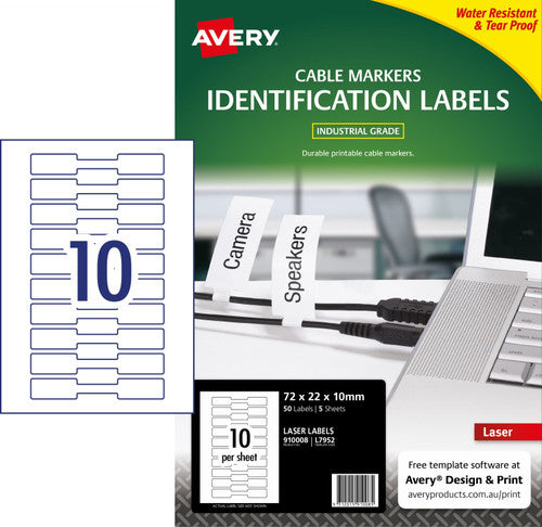 Avery Printable Cable Markers L7952 5 Pack 72 x 22mm Laser White