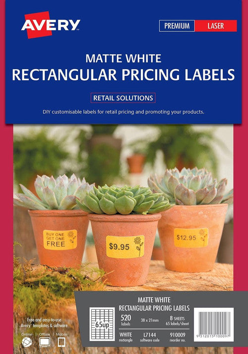 Avery Matte White Rectangular Pricing Labels L7144 520 Pack 38 x 21mm 65UP
