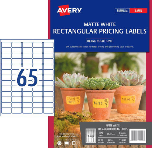 Avery Matte White Rectangular Pricing Labels L7144 520 Pack 38 x 21mm 65UP