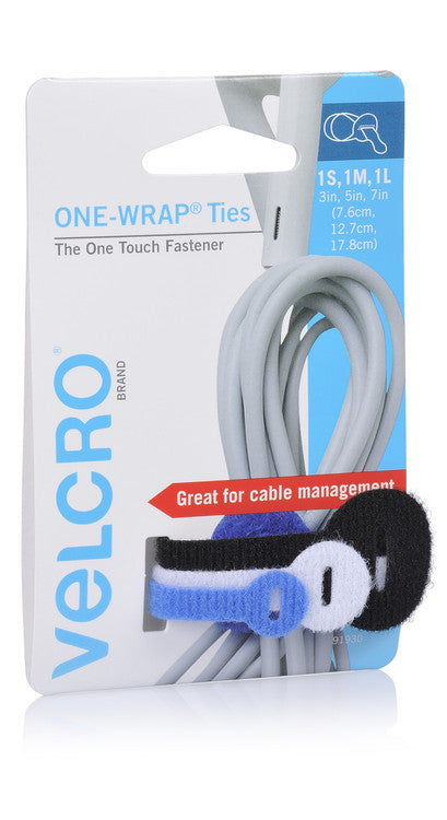 Velcro One Wrap Ties Assorted Sizes and Colours Pack of 3