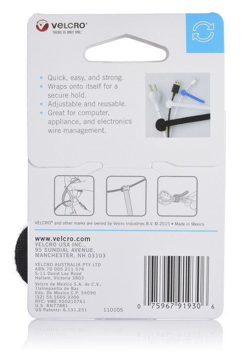 Velcro One Wrap Ties Assorted Sizes and Colours Pack of 3