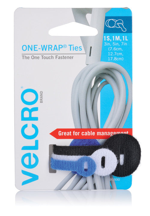 Velcro One Wrap Ties Assorted Sizes and Colours Pack of 3
