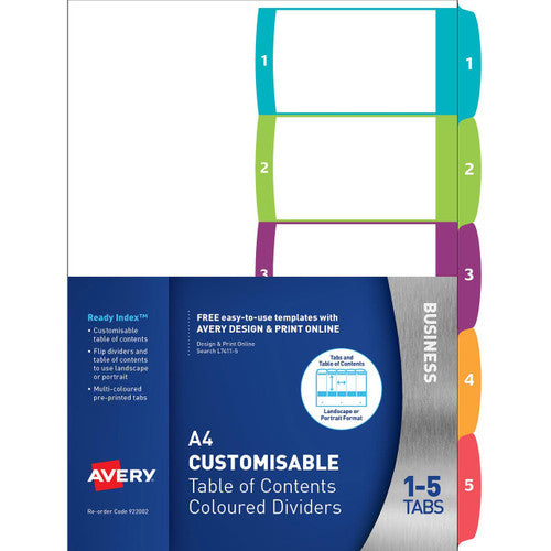 Avery Customisable Table of Contents Dividers 1-5 Tabs Landscape Portrait Ready Index 922002 L7411-5