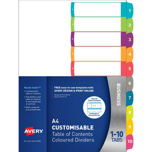 Avery Customisable Table of Contents Dividers 1-10 Tabs Landscape Portrait Ready Index 922004 L7411-10