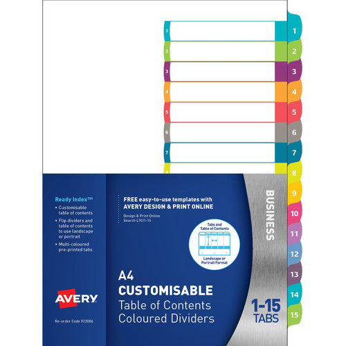 Avery Customisable Table of Contents Dividers 1-15 Tabs Landscape Portrait Ready Index 922006 L7411-15