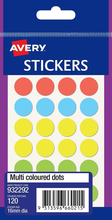 Avery Multi-Coloured Multi-Purpose Stickers Circle 16mm 140 Pack