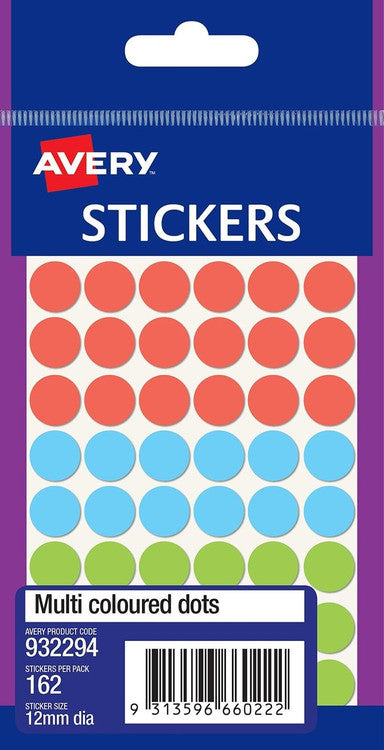 Avery Multi-Coloured Multi-Purpose Stickers Circle 12mm 162 Pack
