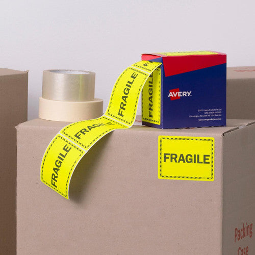 Avery Fragile Fluoro Yellow Labels 750 Roll 75 x 99.6mm
