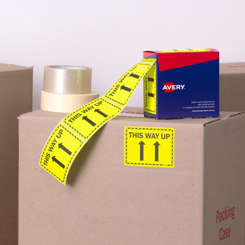 Avery This Way Up Fluoro Yellow Labels 750 Roll 75 x 99.6mm