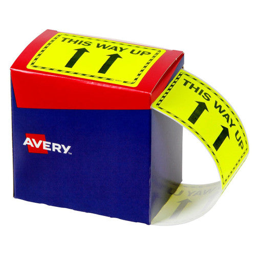 Avery This Way Up Fluoro Yellow Labels 750 Roll 75 x 99.6mm