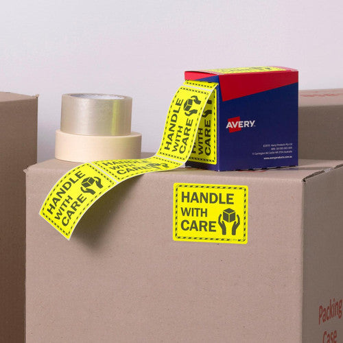 Avery Handle With Care Fluoro Yellow Labels 750 Roll 75 x 99.6mm