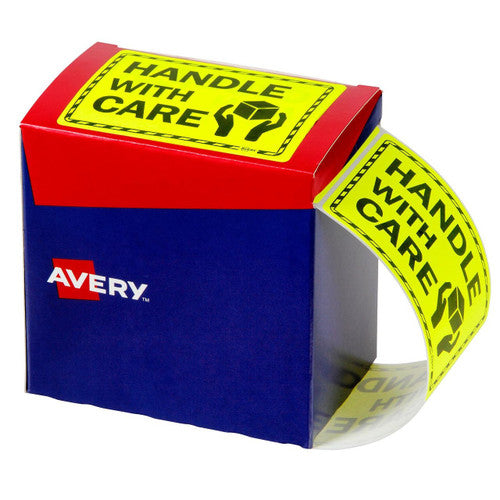 Avery Handle With Care Fluoro Yellow Labels 750 Roll 75 x 99.6mm
