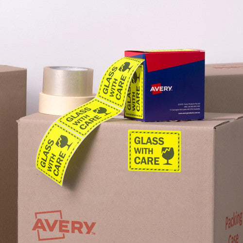 Avery Glass With Care Fluoro Yellow Labels 750 Roll 75 x 99.6mm