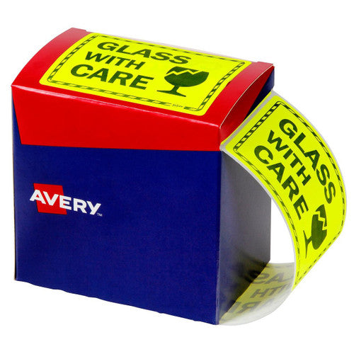 Avery Glass With Care Fluoro Yellow Labels 750 Roll 75 x 99.6mm