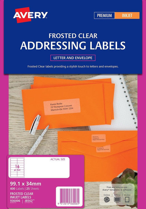 Avery Clear with Matt Finish Address Labels J8562 400 Pack 99.1 x 34mm 16UP