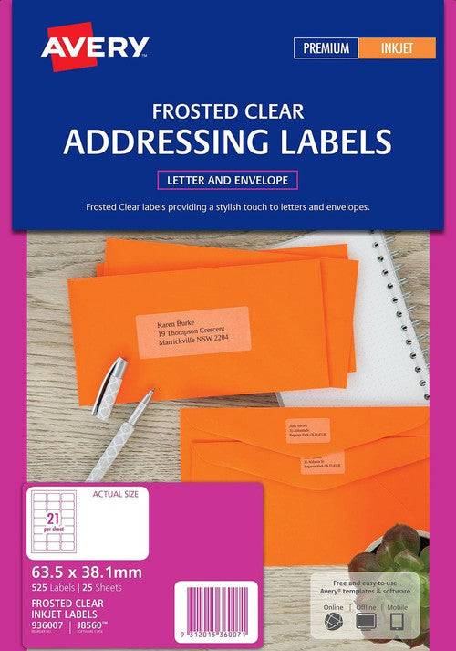Avery Frosted Clear with Matt Finish Address Labels J8560 525 Pack 63.5 x 38.1mm 21UP