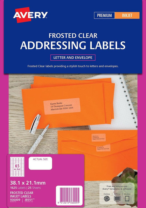 Avery Frosted Clear with Matt Finish Address Labels J8551 1625 Pack 38.1 x 21.2mm 65UP