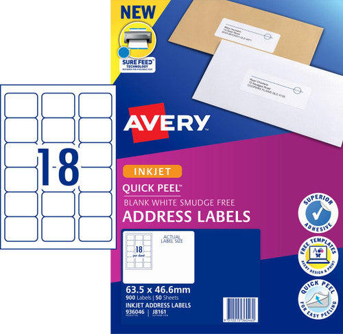 Avery Quick Peel Address Labels with Sure Feed J8161 900 Pack 63.5 x 46.6mm Inkjet White 18UP
