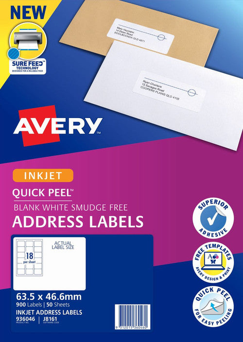 Avery Quick Peel Address Labels with Sure Feed J8161 900 Pack 63.5 x 46.6mm Inkjet White 18UP
