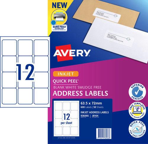 Avery Quick Peel Address Labels with Sure Feed J8164 600 Pack 63.5 x 72mm Inkjet White 12UP