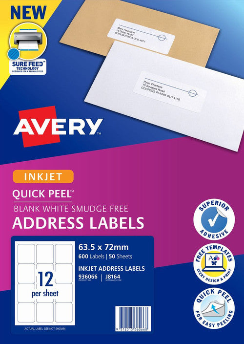 Avery Quick Peel Address Labels with Sure Feed J8164 600 Pack 63.5 x 72mm Inkjet White 12UP