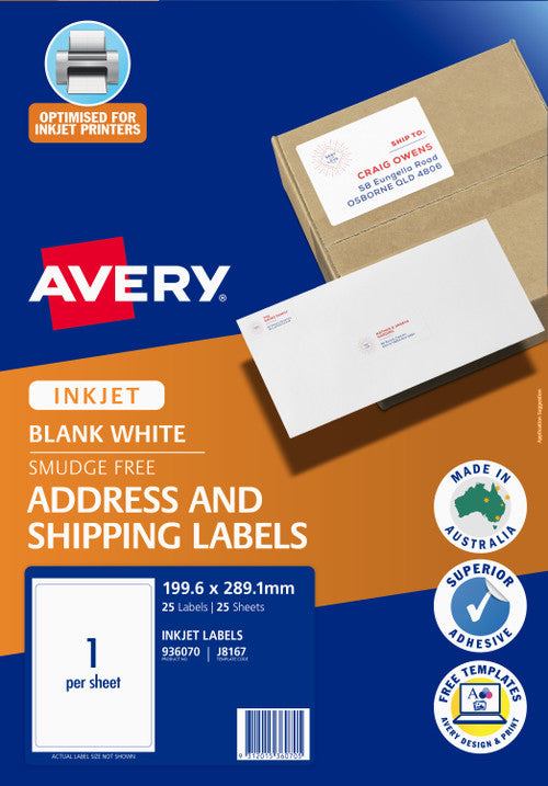 Avery White Address and Shipping Inkjet Labels J8167 25 Pack 199.6 x 289.1mm 1UP