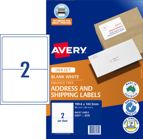 Avery White Address and Shipping Inkjet Labels J8168 25 Pack 199.6 x 143.5mm 2UP