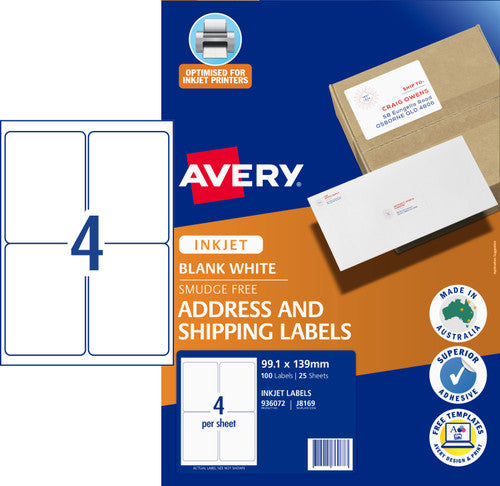 Avery White Address and Shipping Inkjet Labels J8169 25 Pack 99.1 x 139mm 4UP