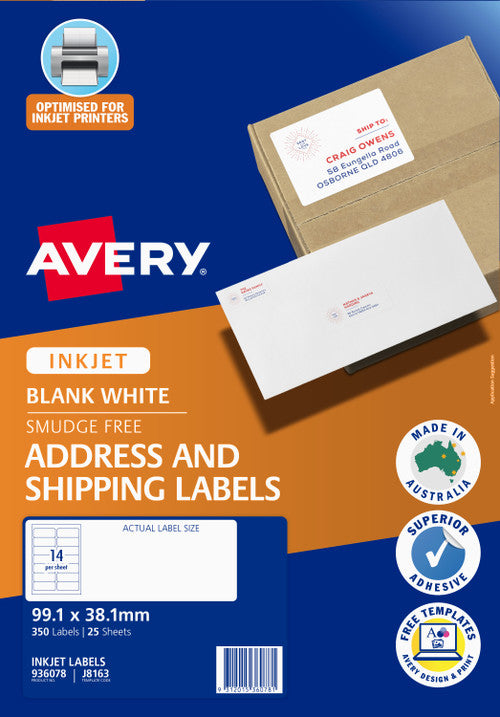 Avery White Address and Shipping Inkjet Labels J8163 25 Pack 99.1 x 38.1mm 14UP