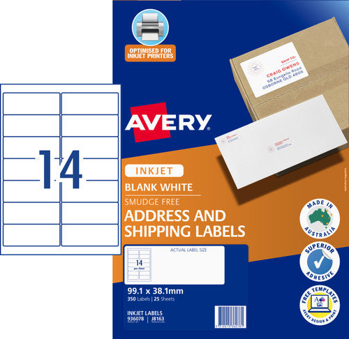 Avery White Address and Shipping Inkjet Labels J8163 25 Pack 99.1 x 38.1mm 14UP