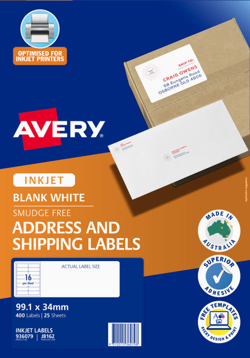 Avery White Address and Shipping Inkjet Labels J8162 25 Pack 99.1 x 34mm 16UP