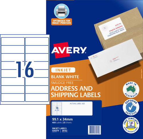 Avery White Address and Shipping Inkjet Labels J8162 25 Pack 99.1 x 34mm 16UP