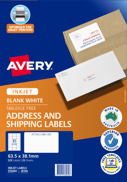 Avery White Address and Shipping Inkjet Labels J8160 25 Pack 63.5 x 38.1mm 21UP