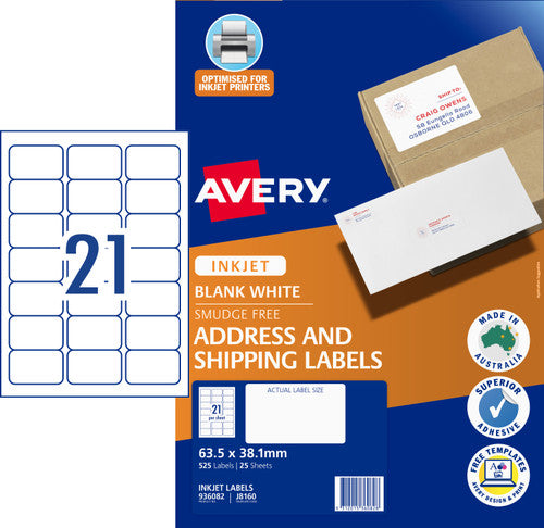 Avery White Address and Shipping Inkjet Labels J8160 25 Pack 63.5 x 38.1mm 21UP
