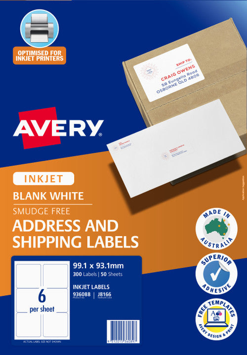 Avery White Address and Shipping Inkjet Labels J8166 50 Pack 99.1 x 93.1mm 6UP