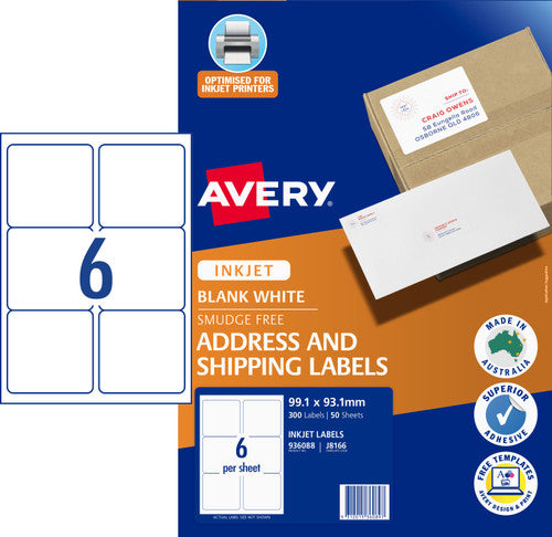 Avery White Address and Shipping Inkjet Labels J8166 50 Pack 99.1 x 93.1mm 6UP