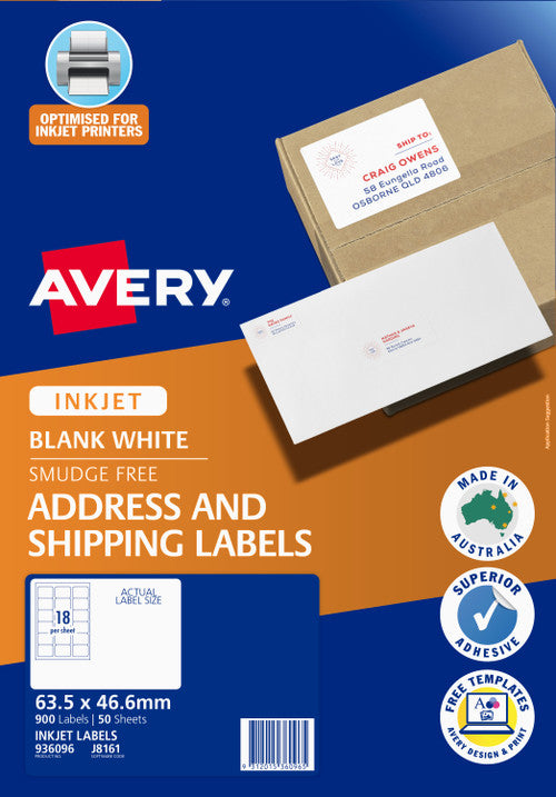 Avery White Address and Shipping Inkjet Labels J8161 50 Pack 63.5 x 46.6mm 18UP