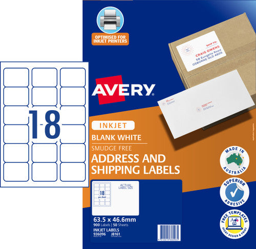 Avery White Address and Shipping Inkjet Labels J8161 50 Pack 63.5 x 46.6mm 18UP