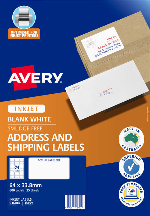 Avery White Address and Shipping Inkjet Labels J8159 25 Pack 64 x 33.8mm 24UP
