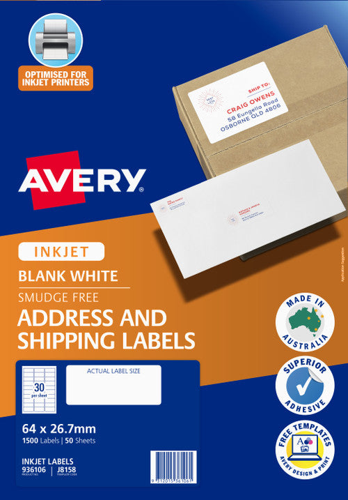 Avery White Address and Shipping Inkjet Labels J8158 50 Pack 64 x 26.7mm 30UP
