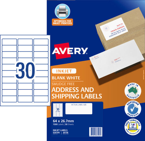Avery White Address and Shipping Inkjet Labels J8158 50 Pack 64 x 26.7mm 30UP