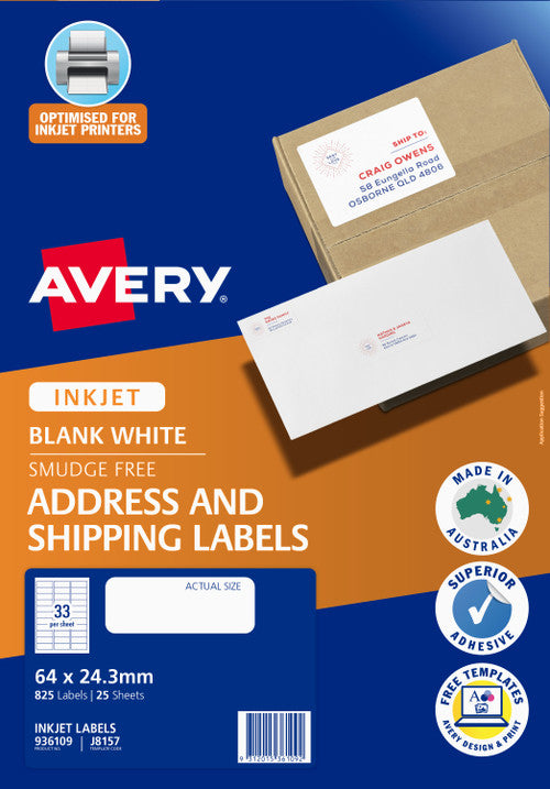Avery White Address and Shipping Inkjet Labels J8157 25 Pack 64 x 24.3mm 33UP