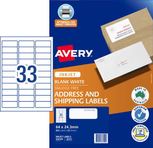 Avery White Address and Shipping Inkjet Labels J8157 25 Pack 64 x 24.3mm 33UP